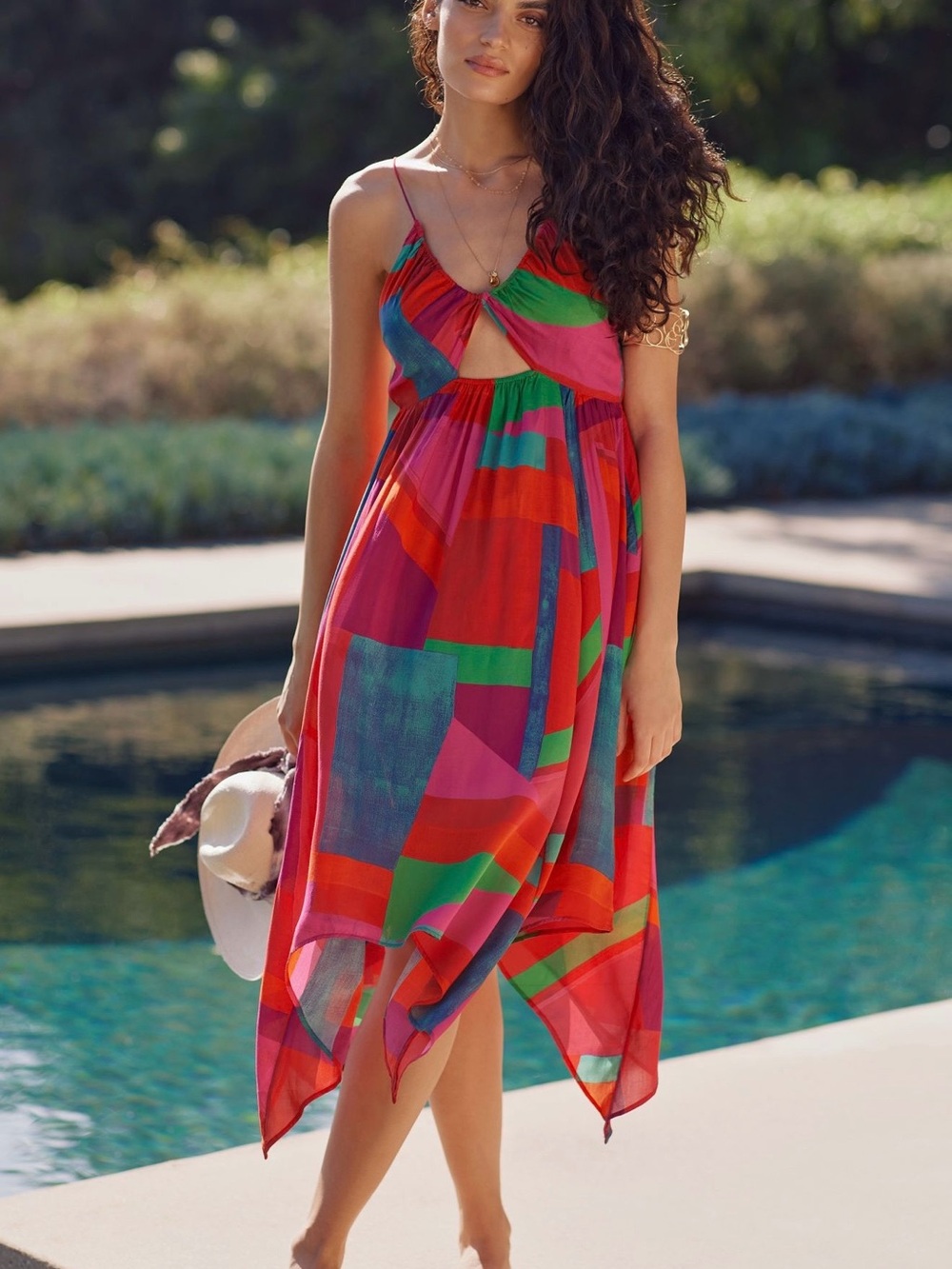 Anthropologie Vibrant Multicolor Summer Midi Dress with Cutout